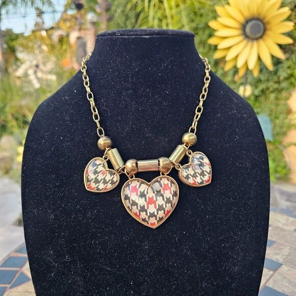 Vintage Y2K Chunky Charming Houndstooth Heart Pendant Necklace - Picture 1 of 2